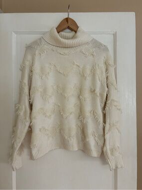 Vince Camuto light cream Turtleneck Fringe Detail Sweater